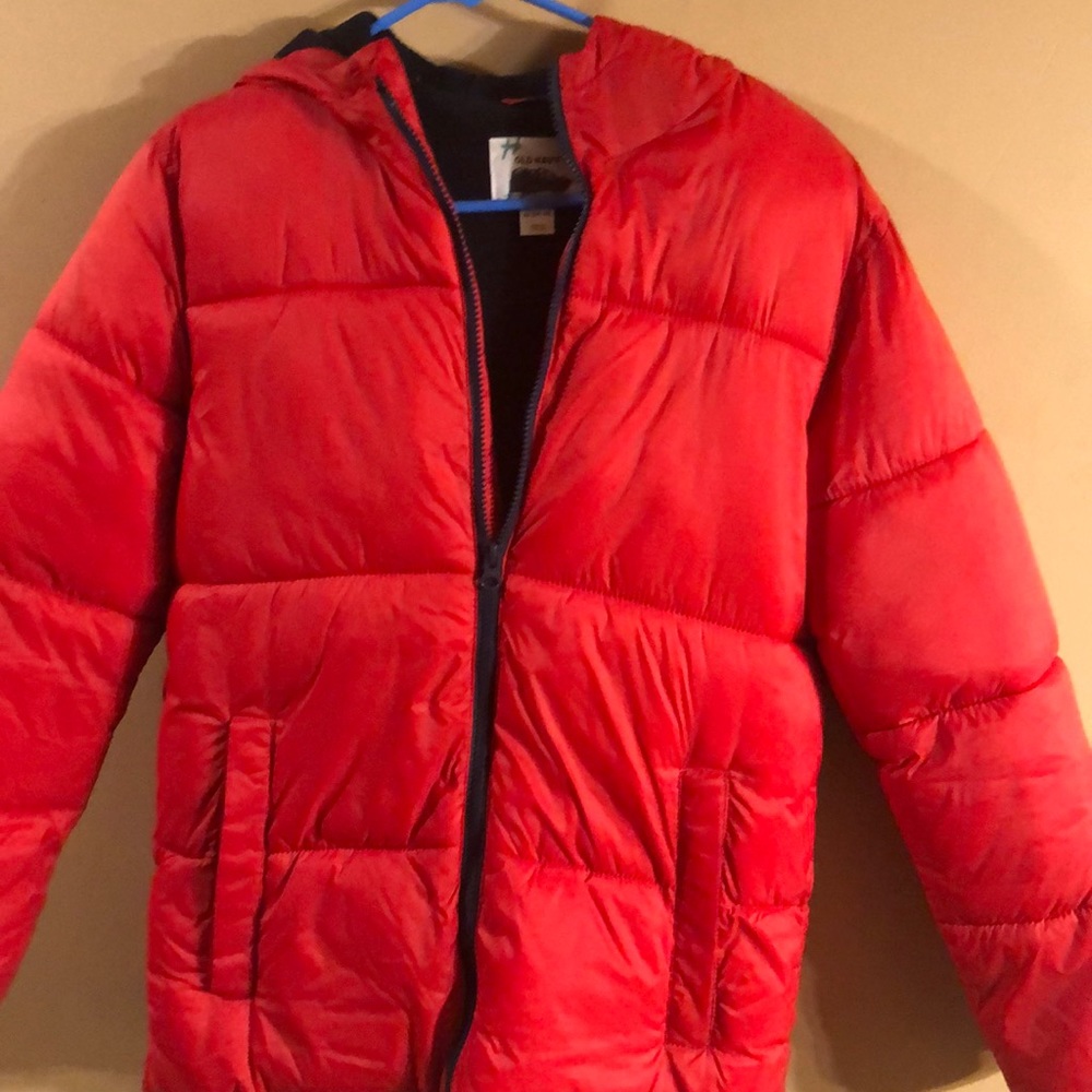 Red puffy old navy jacket